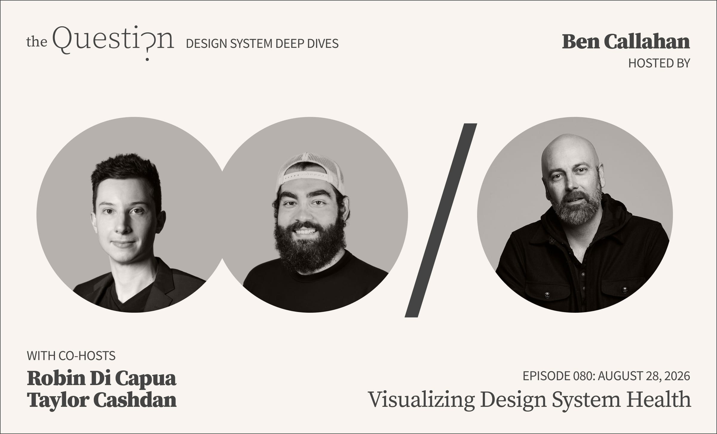 Title card for The Question: Design System Deep Dives, Episode 080 — “Visualizing Design System Health,” August 28, 2026. Black-and-white headshots of co-hosts Robin Di Capua and Taylor Cashdan sit left of a slash graphic, with host Ben Callahan to its right.